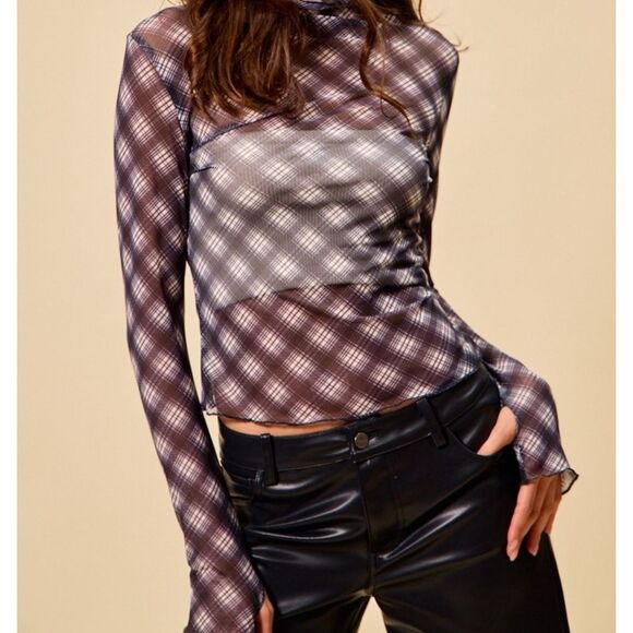 SO ME Plaid Mesh Knit Long Sleeve Top   Thumb Opening sz Small [2-4] - Picture 10 of 12